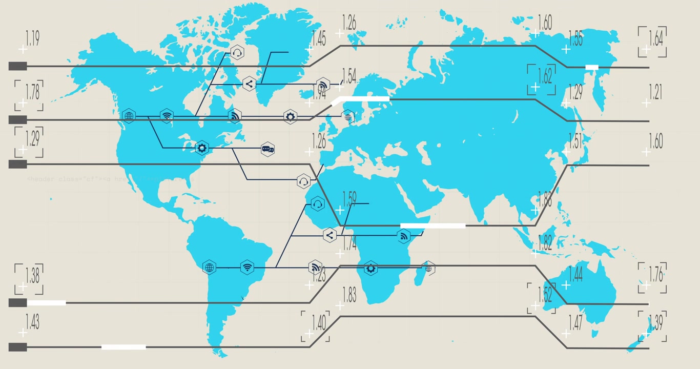 Map opening lines extending, labels updating, icons animating, depicting global metrics network