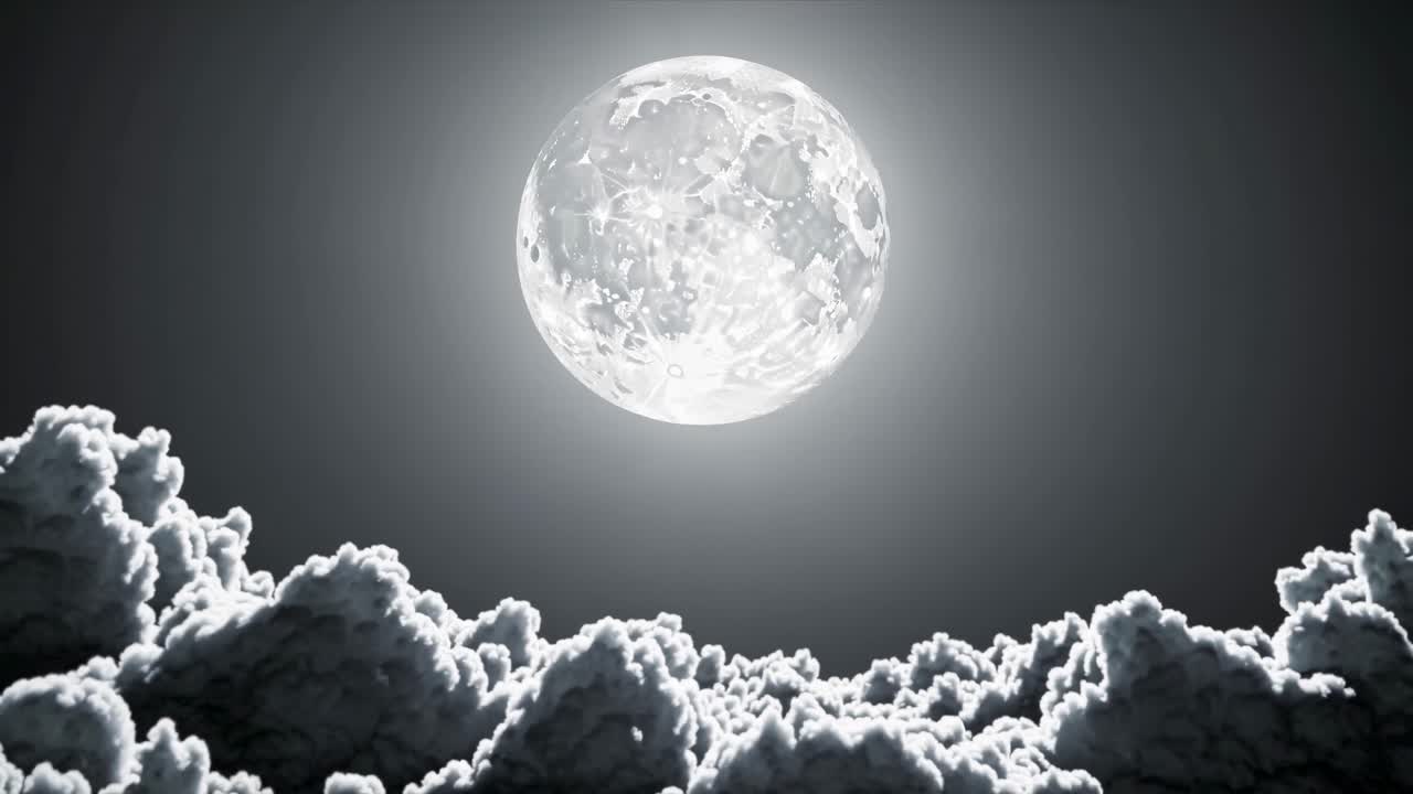 A video scene showing a full moon glowing above fluffy clouds