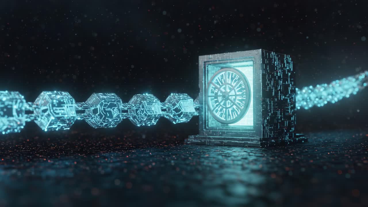 A Captivating Glimpse into the World of Digital Security: A 3D Representation of a High-Tech Blockchain Vault Surrounded by Luminescent Nodes and Data Streams