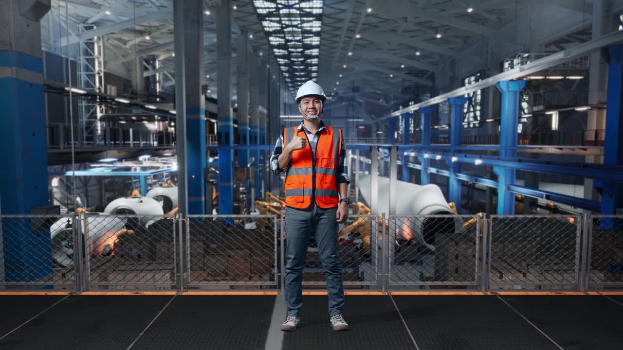 Full Body Of Asian Male Engineer With Safety Helmet Standing In Factory Manufacture of Wind Turbines. Smiling And Showing Thumbs Up Gesture To The Camera While Robotic Arm Working