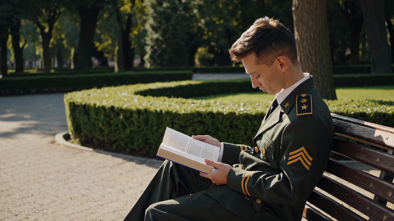 Military officer reading a book in a park