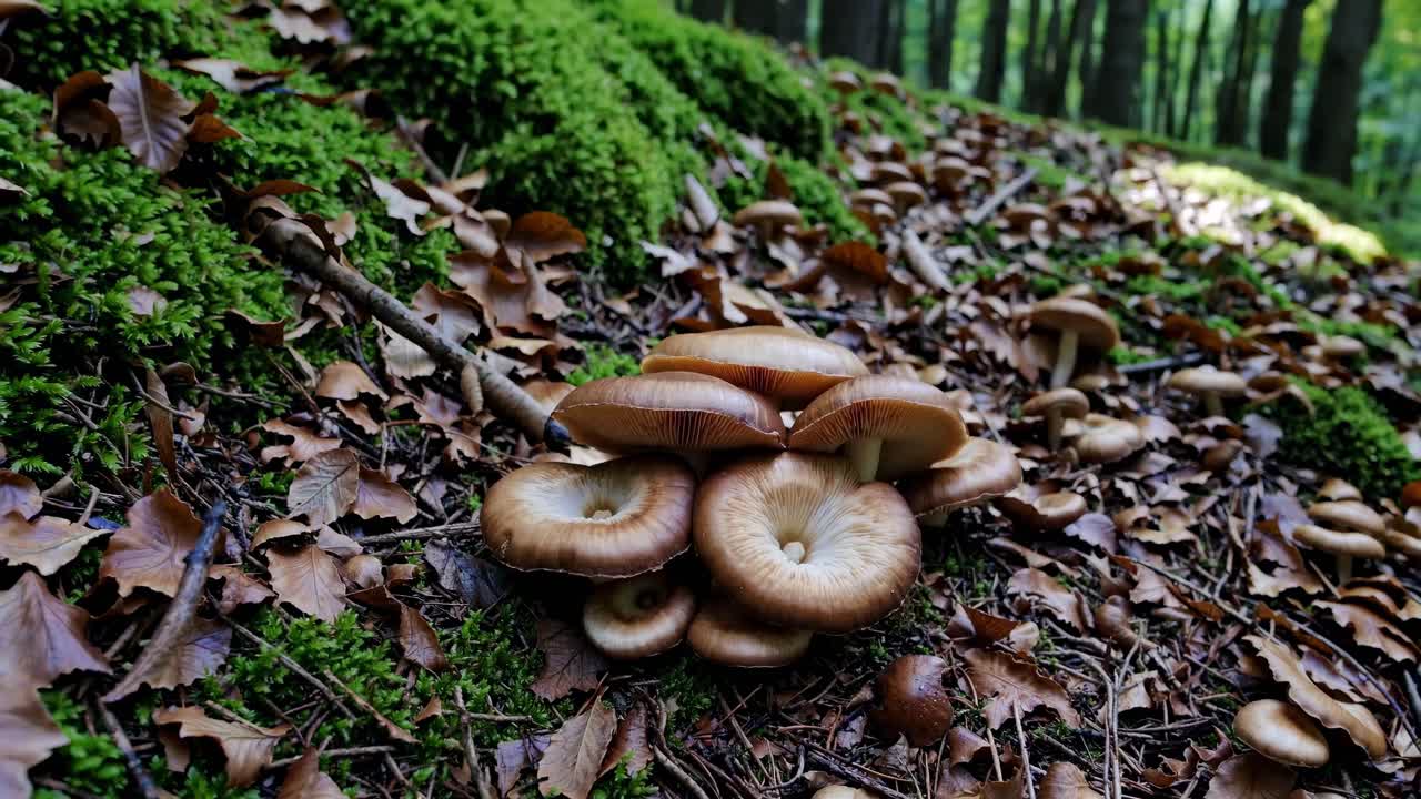 Close-up video shot of mushrooms on a forest floor, surrounded by moss and leaves