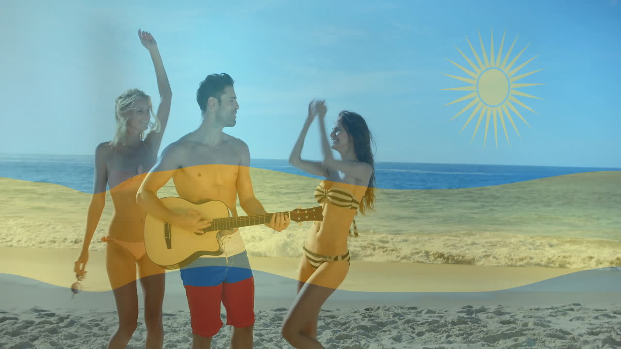 Young people enjoying beach with guitar, overlaid with sun and wave animation