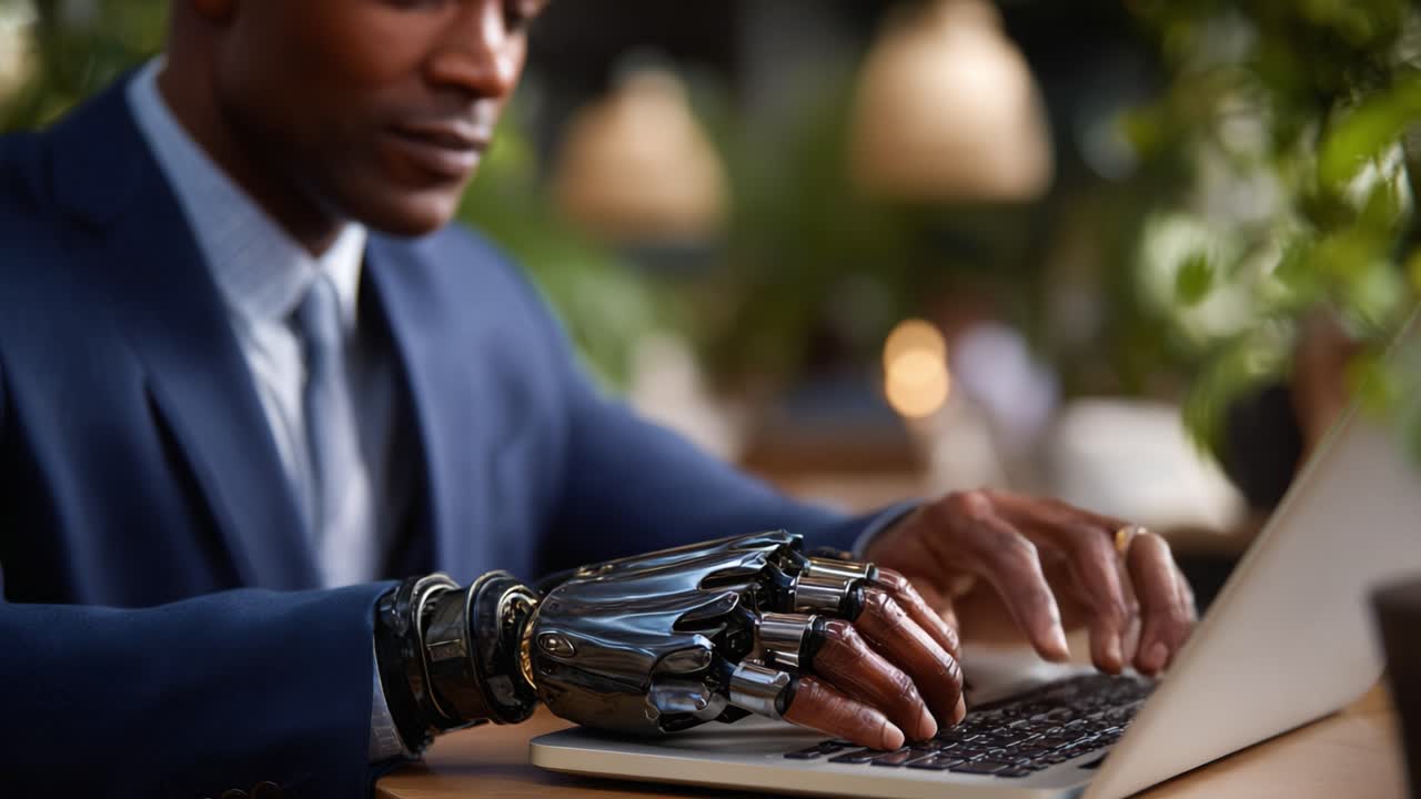 Exploring the Intersection of Technology and Humanity: A Business Professional Types with an Advanced Robotic Hand in a Modern Workspace