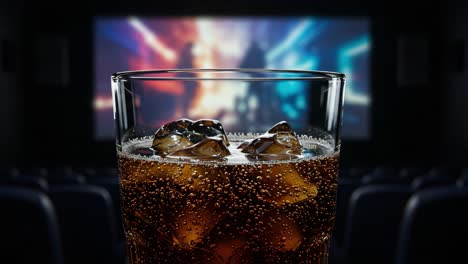 a refreshing glass of soda with ice in a movie theater, capturing the experience of enjoying a film amidst an engaging atmosphere
