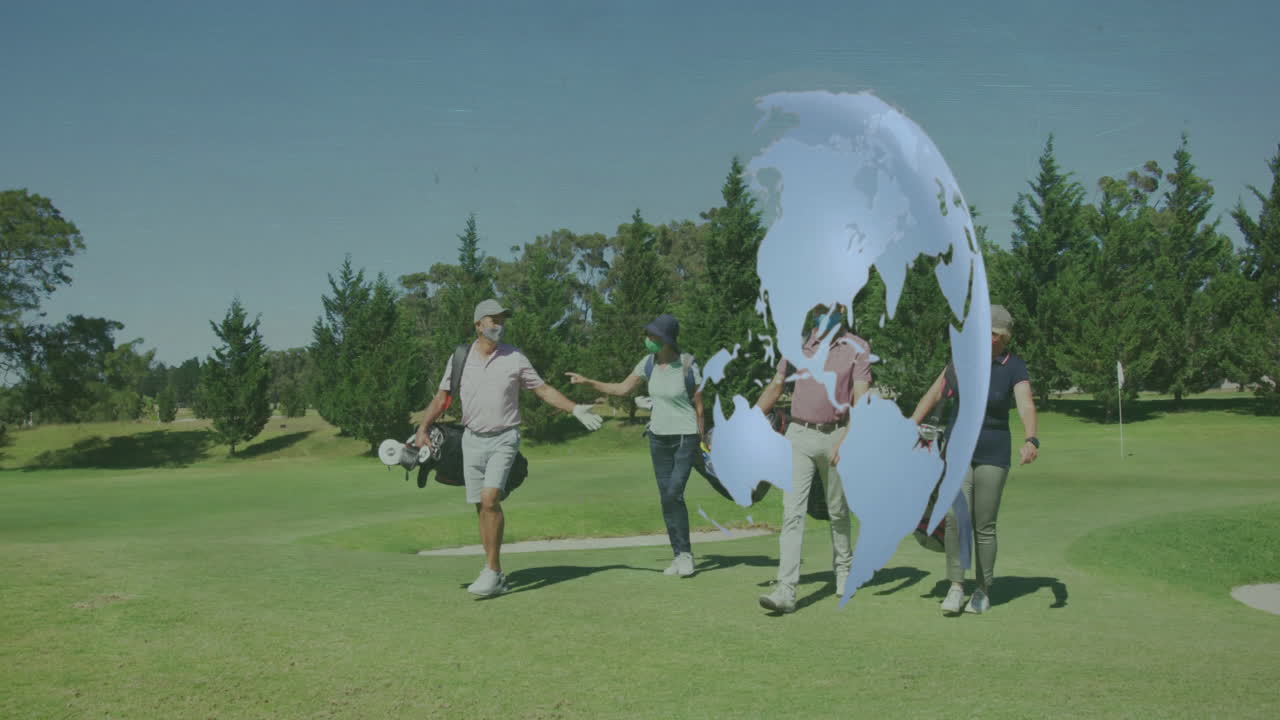 Walking on course, golfers with globe animation overlaying scene in background