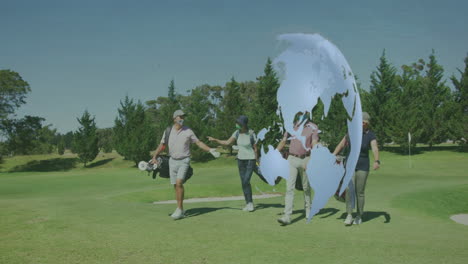 walking on course, golfers with globe animation overlaying scene in background