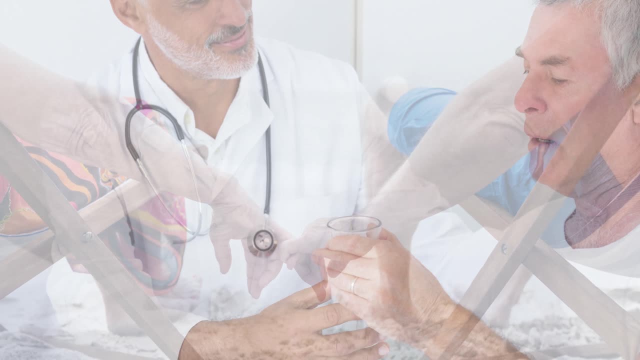 해변에서 시니어 커플을 상대로 두 인종의 남성 의사와 함께 시니어 백인 남자의 애니메이션