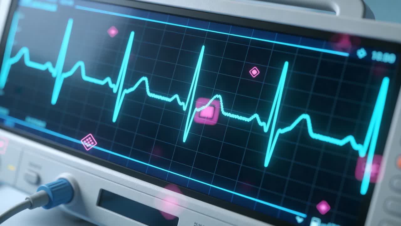Mostrando un monitor cardíaco junto a la cama con señal de ECG, actualizando el trazado con marcadores rosas que rastrean el ritmo.