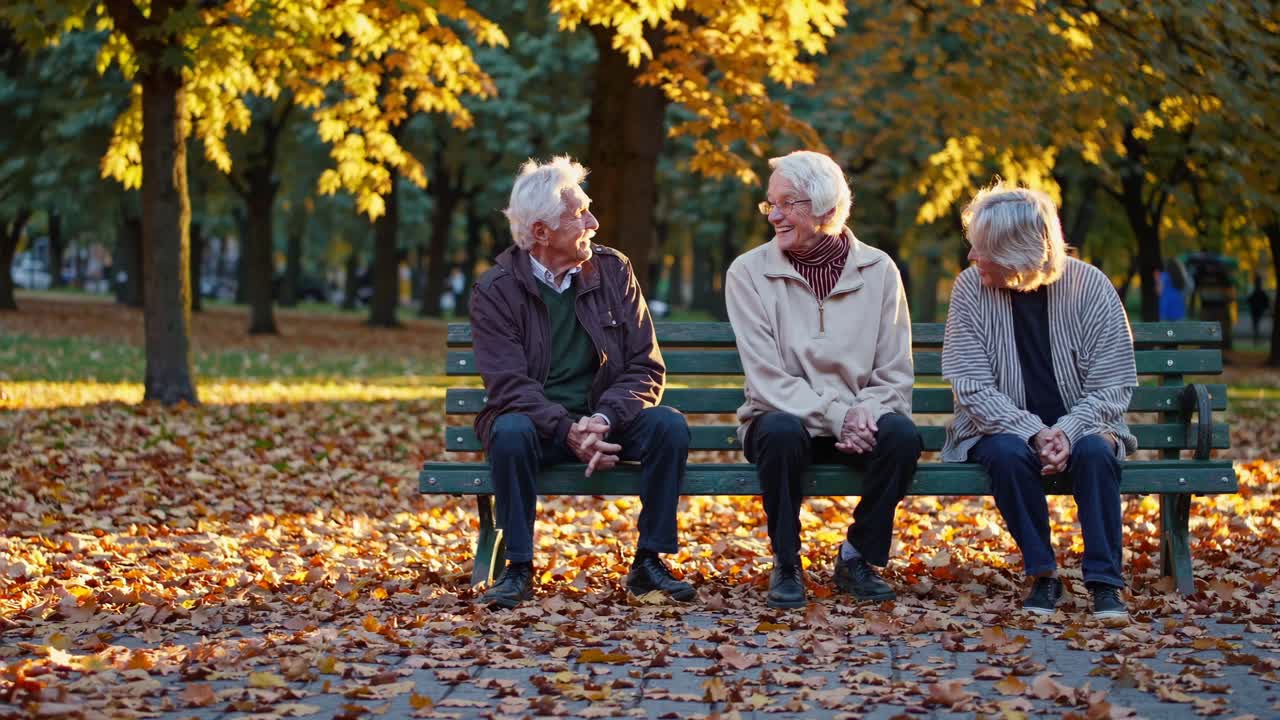 Three elderly people sit on a park bench surrounded by autumn leaves, captured from a low angle