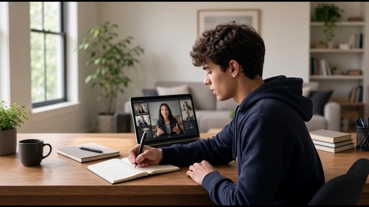 Young Man Participating in Video Conference Call at Home