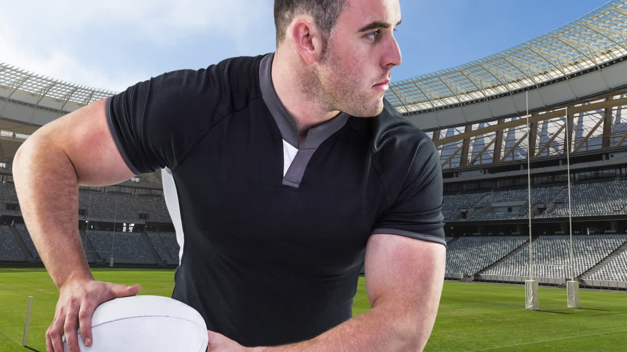 경기장 위에 공을 들고 있는 백인 남성 럭비 선수의 애니메이션