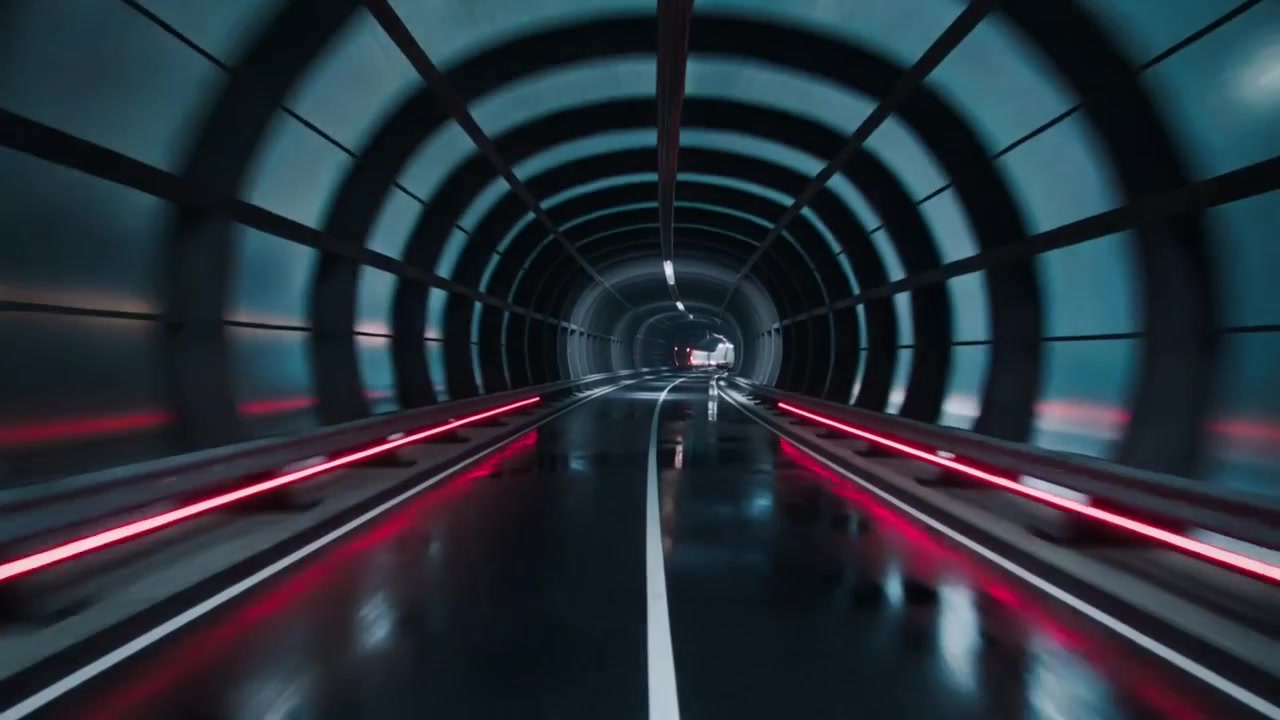 Starting camera POV moving through tunnel toward bright exit showing wet road white stripe red LEDs