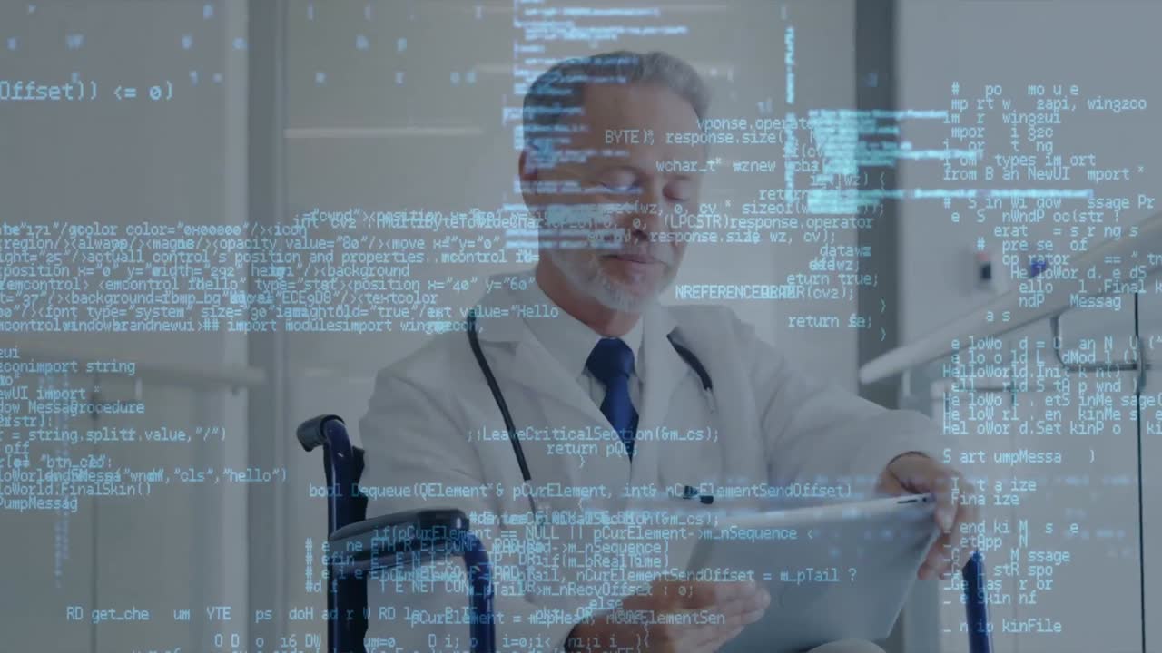 Animation of data processing over caucasian male doctor