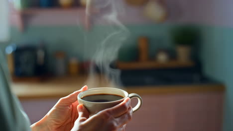 Hands Holding a Steaming Cup of Coffee or Tea in a Kitchen