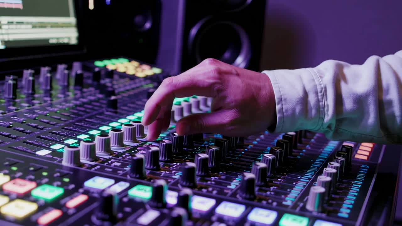 Hand Adjusting Sound Mixing Console in Studio