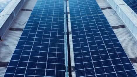 primer plano de la superficie de paneles solares fotovoltaicos azules montados en el techo del edificio para producir electricidad ecológica limpia-1