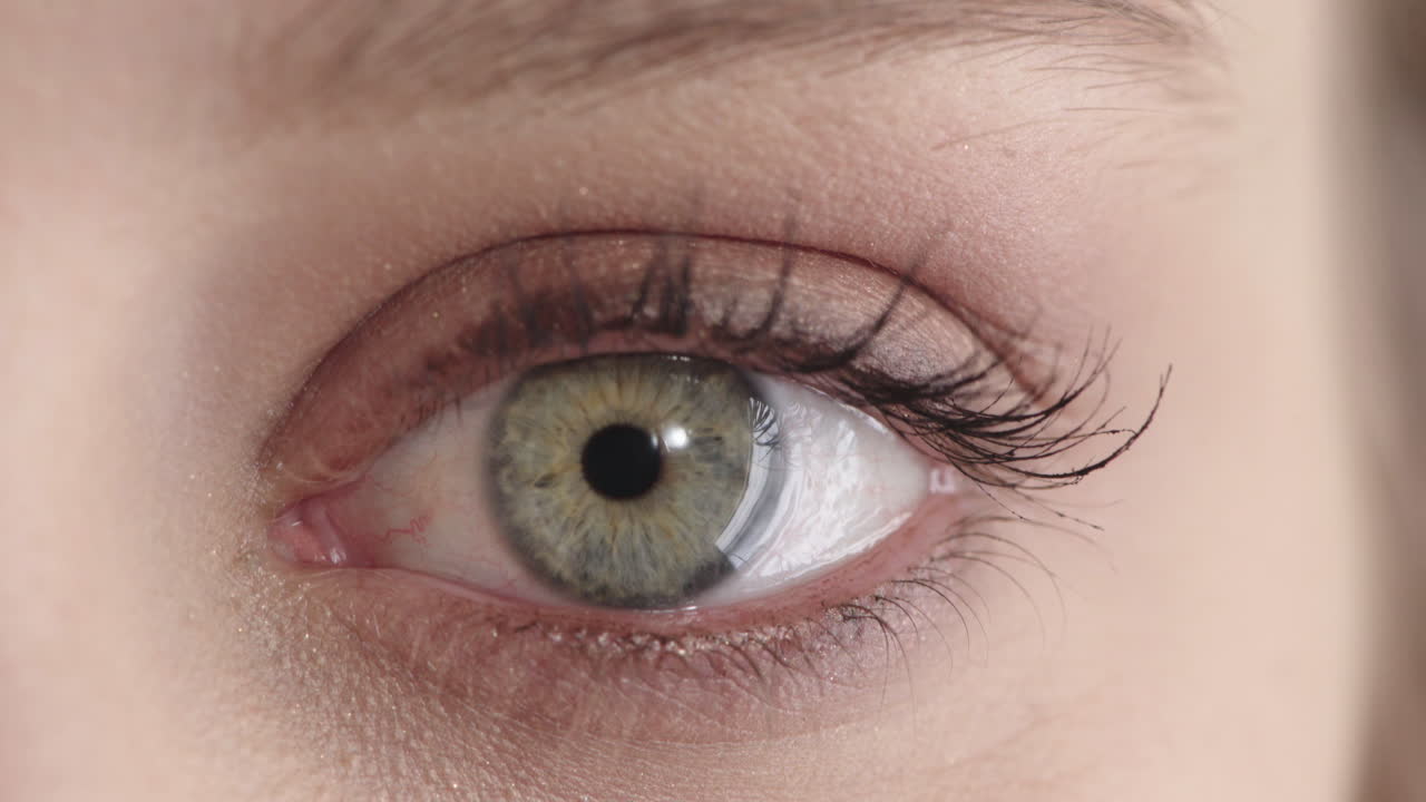 젊은 여성 파란 눈을 열고 메이크업을 착용하는 여성적인 아름다움 매크로 클로즈업