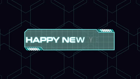 happy new year text on digital screen with hud elements