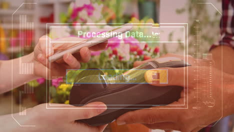 animation of data processing over caucasian woman paying with smartphone