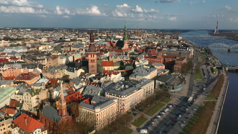 Aerial-shot-featuring-Riga's-dome-cathedral,-St