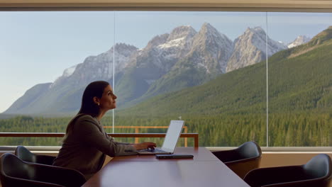 professional woman working with a stunning mountain view