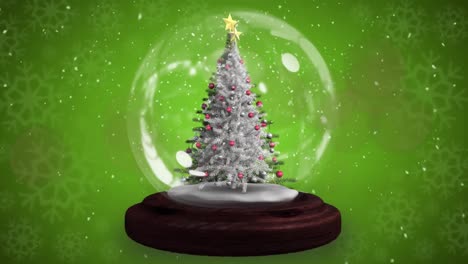 Animation-of-snow-falling-over-chritmas-tree-on-green-background