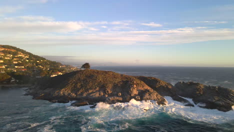 aerial - beautiful sunny cerro de la cruz, zapallar, chile, wide circle pan