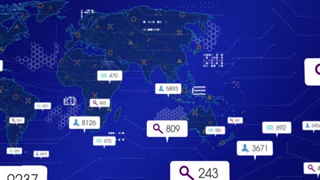 Animation-of-eco-icons-and-data-processing-over-world-map