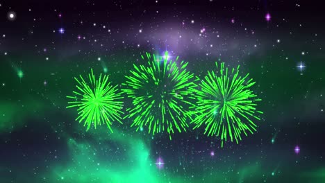 Animation-of-green-christmas-and-new-year-fireworks-exploding-in-starry-cosmos-night-sky