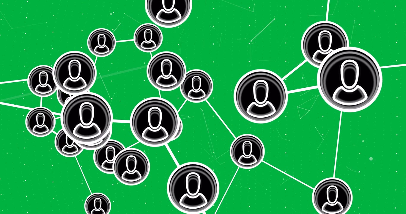 Animazione di una rete di connessioni con icone su sfondo trasparente.