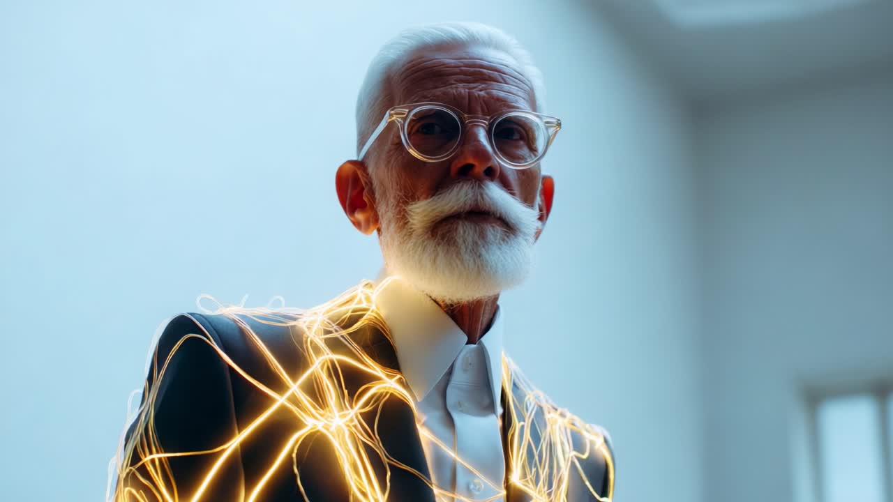 An elderly man exudes confidence and wisdom, adorned with glowing lines of light, capturing a unique blend of modern elegance and timeless charm in a serene environment