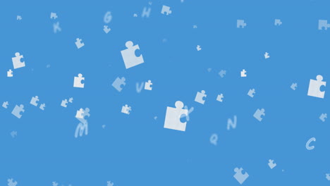 animation of puzzles and letters floating on blue background