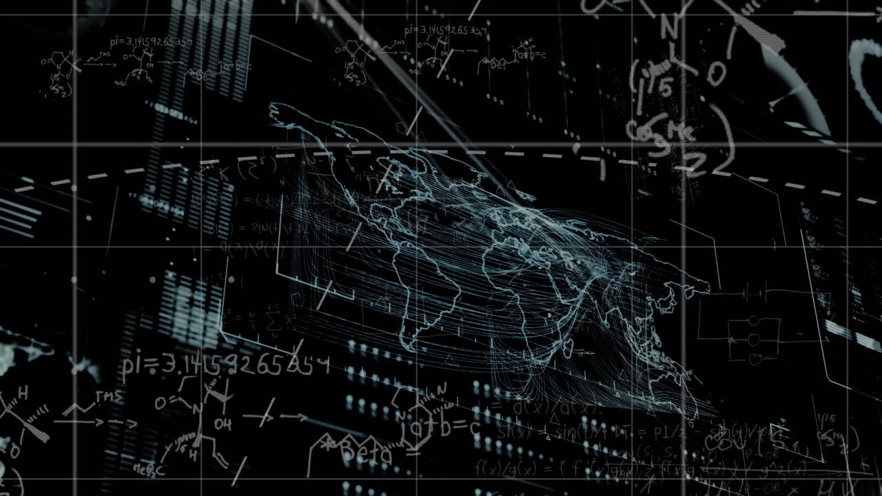 Animation of mathematical equations over world map and data processing on black background