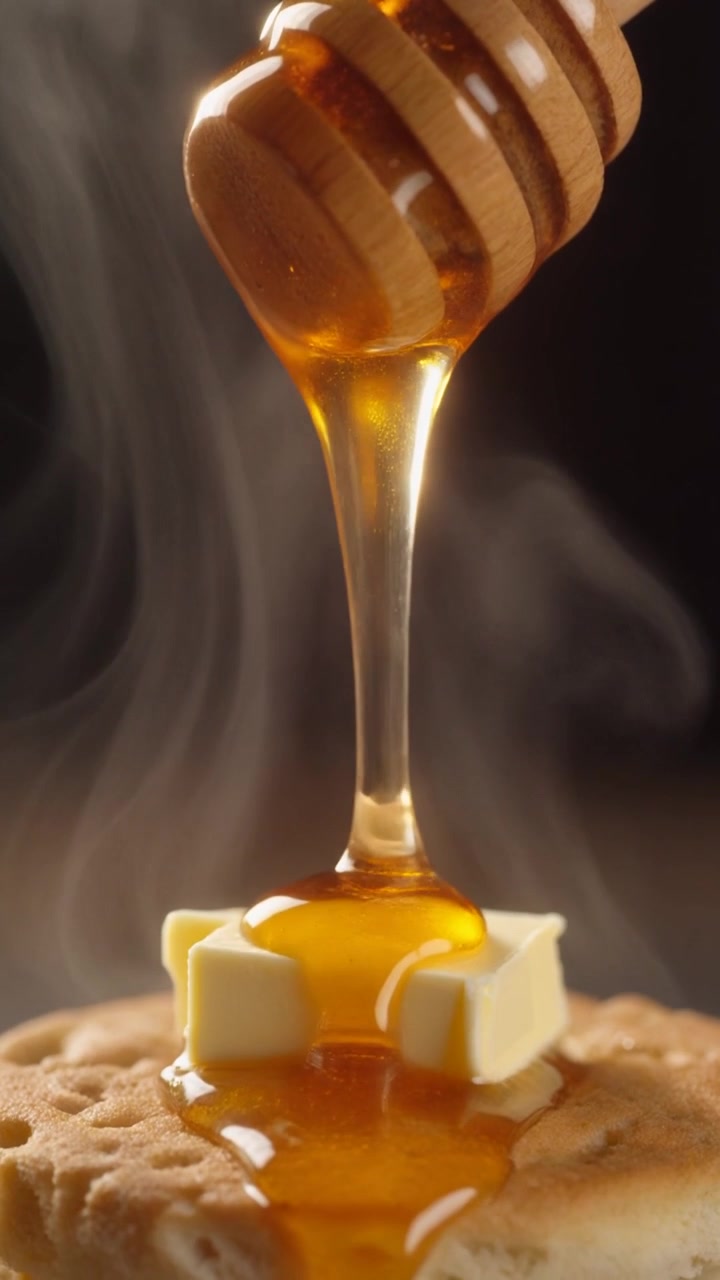 Miele dorato che cola dal mestolino su pancake imburrato