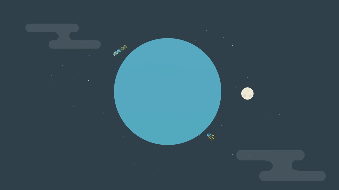 우주 배경에 달과 통신 위성을 가진 그래픽의 평평한 지구 애니메이션, 평평한 행성 지구 아이콘 스핀, 루프 지구 애니메이션 디자인, 위성 스푸트니크와 함께 회전하는 세계의 2d 만화 애니메이션.