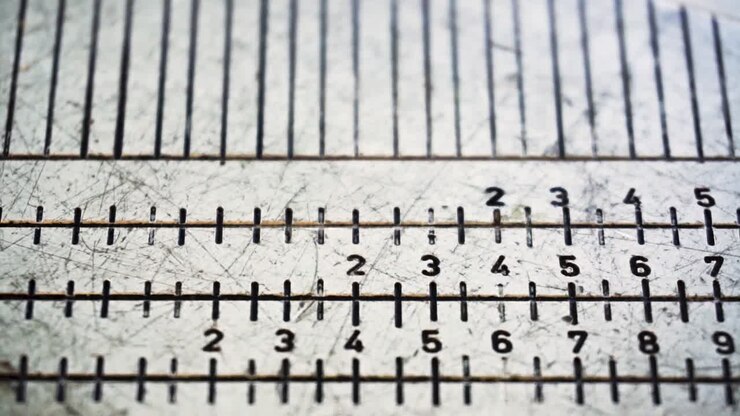 Camera slides from top to bottom to reveal close up footage of golf equipment measuring device showing words, numbers and black increment marks-lines