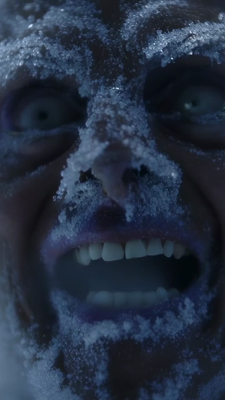 Vertical video: Freezing air coating man's face in extreme close-up, with dense frost crystals