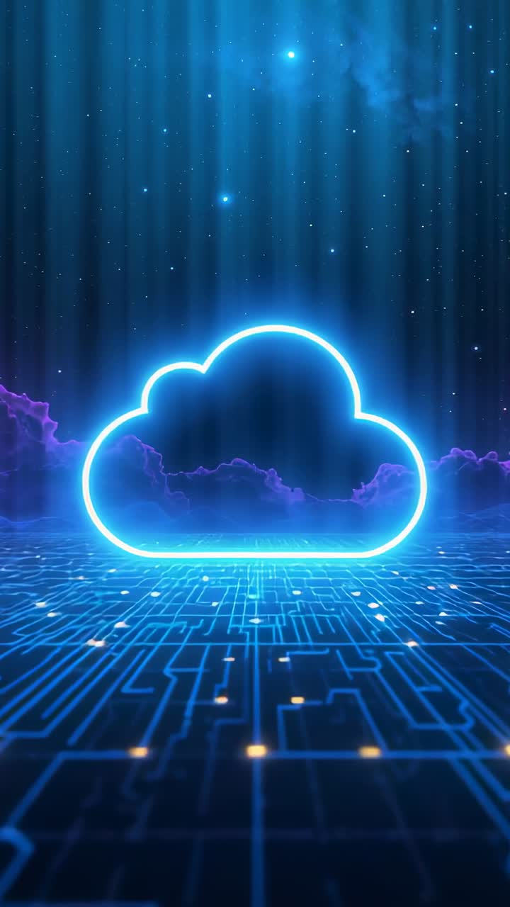 Vertical video: Sparking neon cloud pulsing over circuit-grid by light pulse, amber nodes blinking