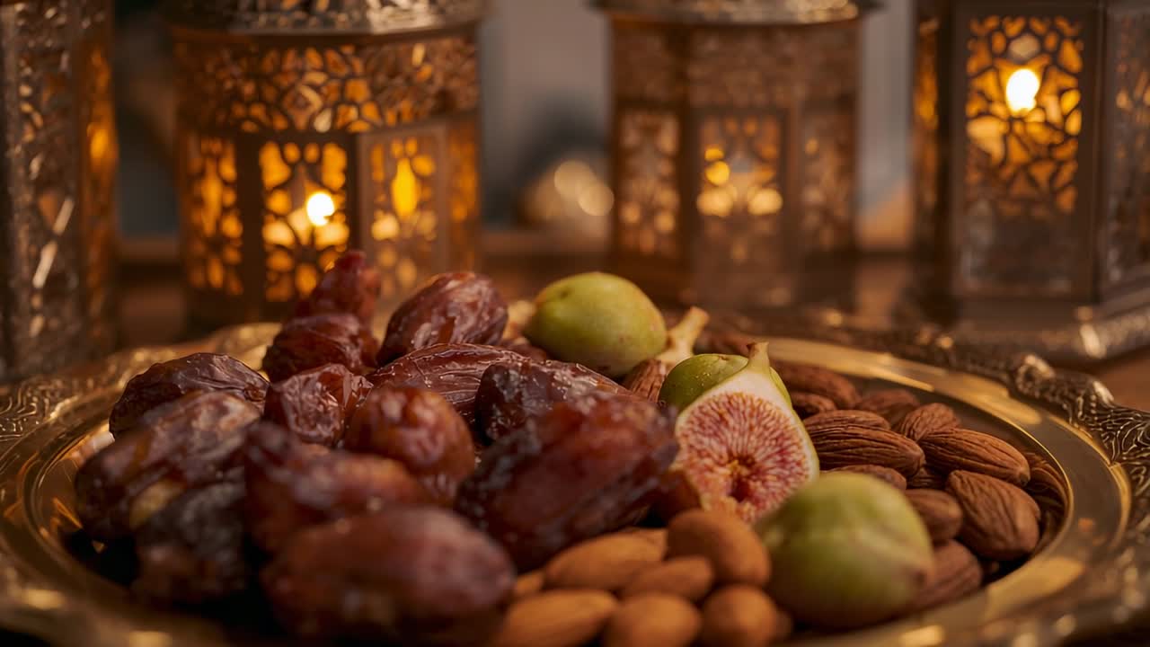 Pulling focus lens revealing metal tray at table as candles flicker, showing dates figs almonds