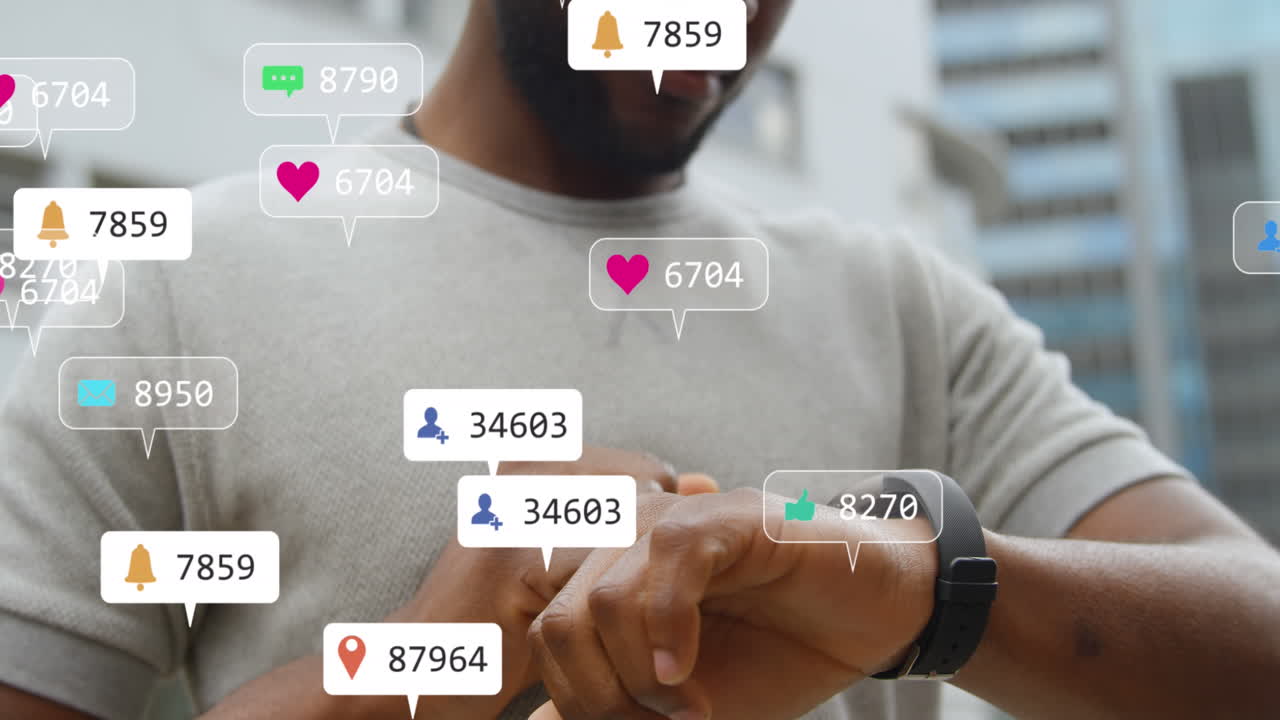 Animation of social media icons over mid section of african american man using smartwatch outdoors
