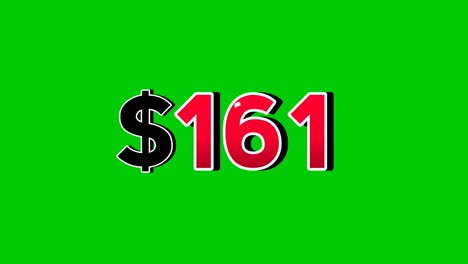 Animation number $161 dollar sign motion graphics with smoke effect green screen background vibrant red numbers. Video 3D effect with shadows for video elements business concept