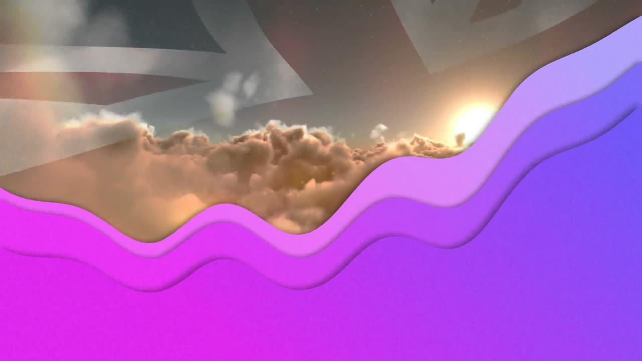 animación de forma púrpura moviéndose en la bandera del reino unido ondeando sobre las nubes