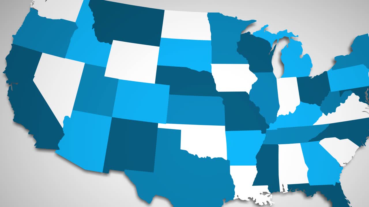 전체 미국 지도를 공개하기 전에 미국 서부의 모션 그래픽 애니메이션