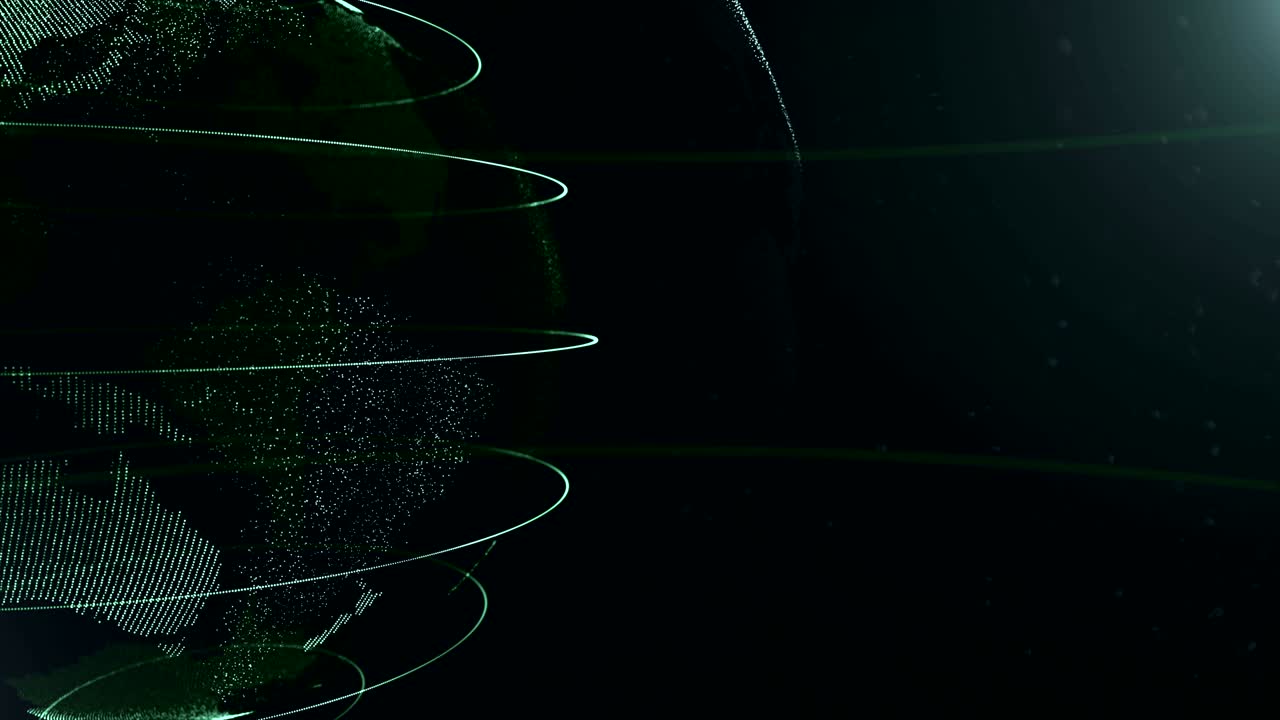 Abstract sphere. Cropped. Connected green dots with lines. Globalization interface. Planet is moving on the left side. 4K.