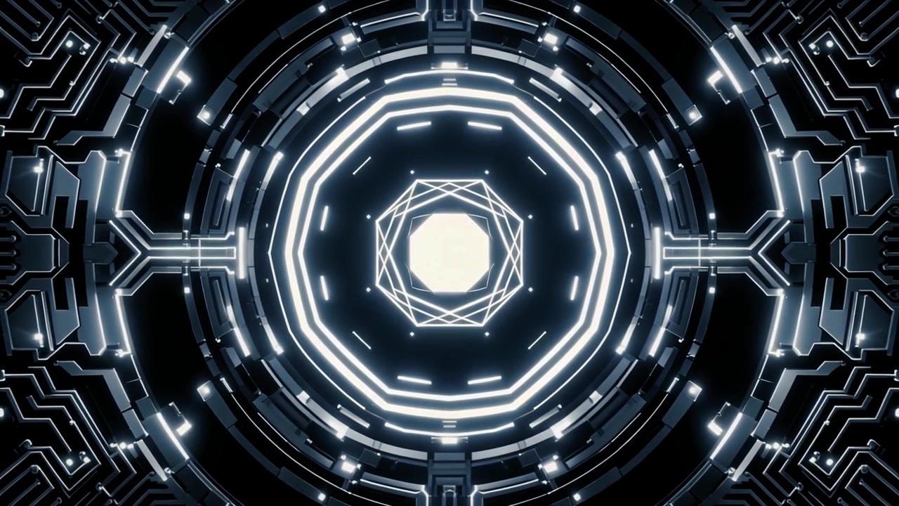 Abstract Futuristic Digital Tunnel with Glowing Circuit Lines Loop