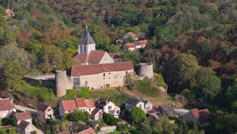 Aerial-view-of-Gargilesse-village-and-its-castle,-France