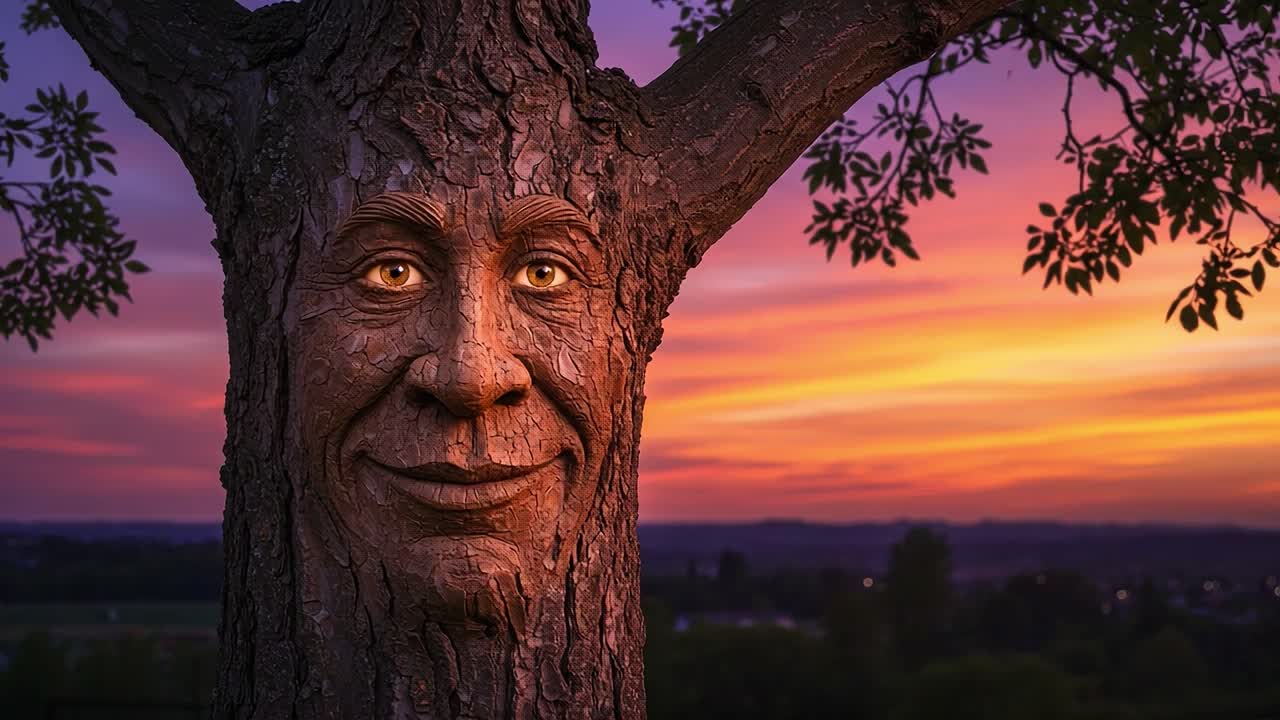 A Whimsical Tree with a Smiling Face Illuminated by a Stunning Sunset Sky, Merging Nature and Artistry in a Captivating Display of Color and Life