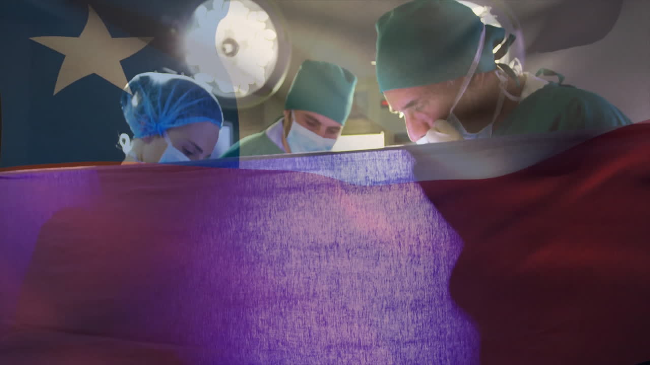 Surgical team operating under bright surgical lights, overlaying Texas flag across medical scene