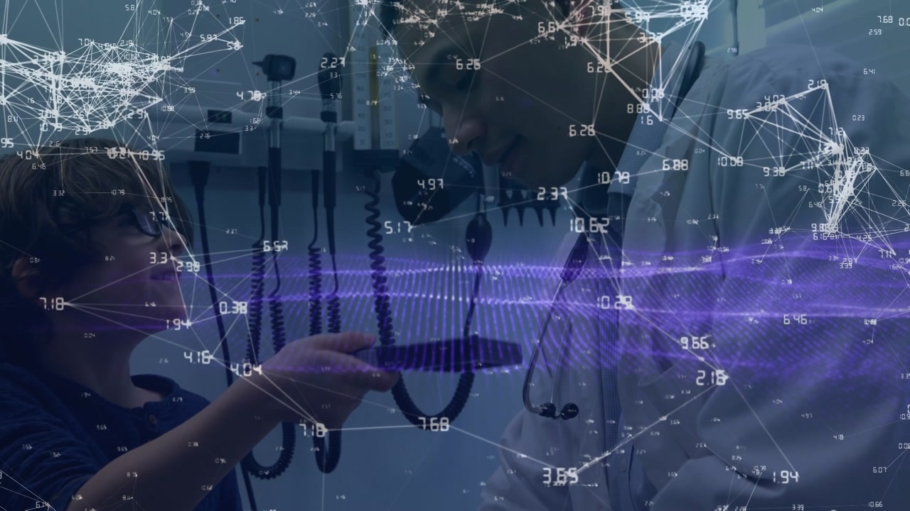 Animation of network of connections over asian male doctor with caucasian boy smiling